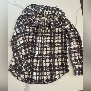 J. Crew Black and White tuffled collar and Patterned Top 100% Silk